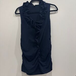 cabi navy blue ruffly body con tunic with ruching